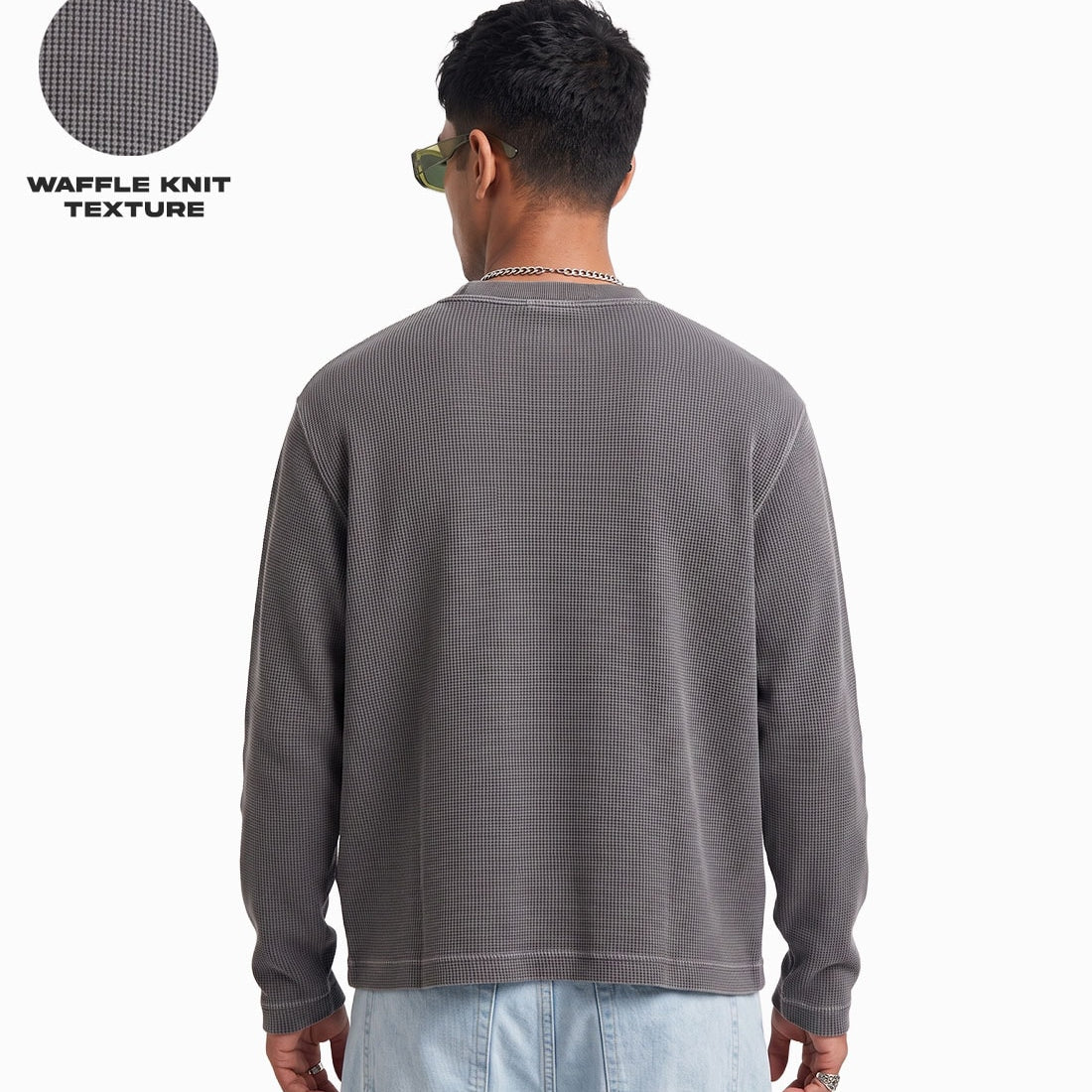 Acid Wash Waffle Knit Full Sleeves Oversized T-shirt