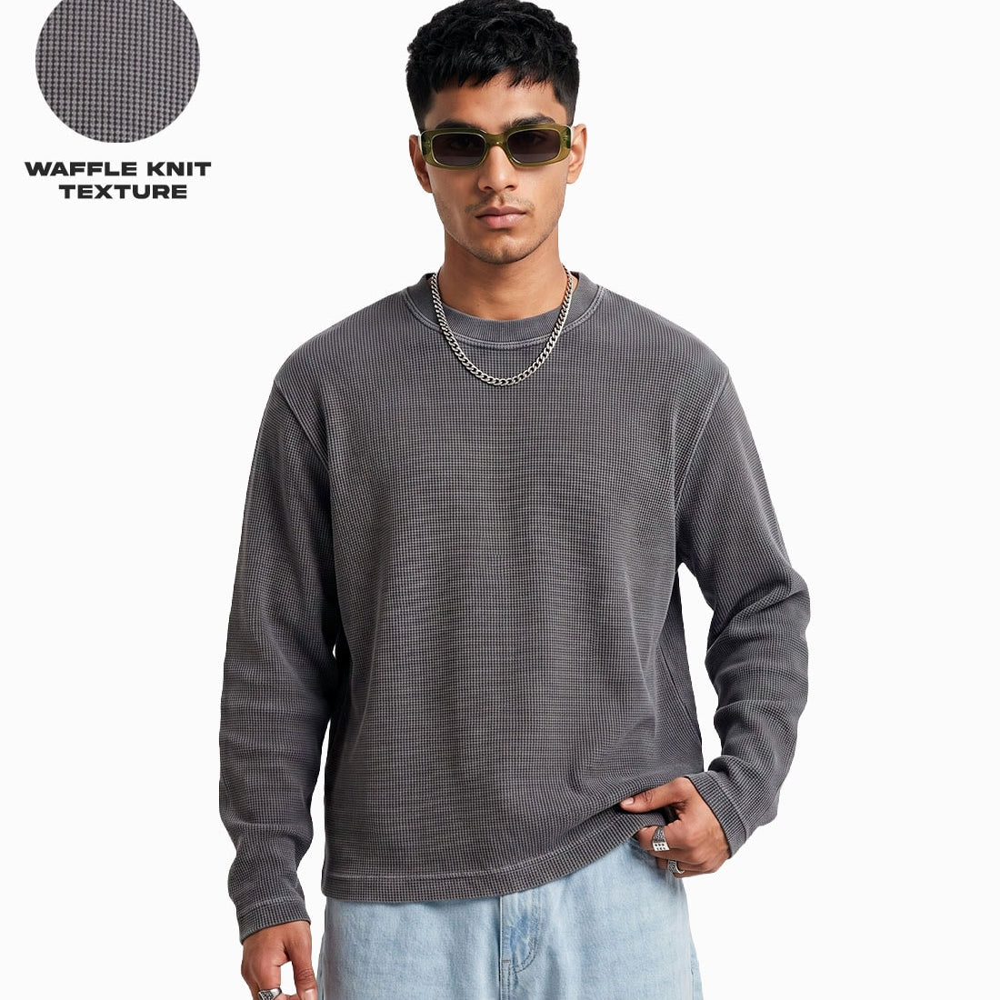 Acid Wash Waffle Knit Full Sleeves Oversized T-shirt