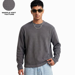 Acid Wash Waffle Knit Full Sleeves Oversized T-shirt