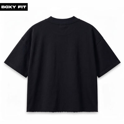 Plain Black Boxy Fit Unstitched Raw Hem T-Shirt