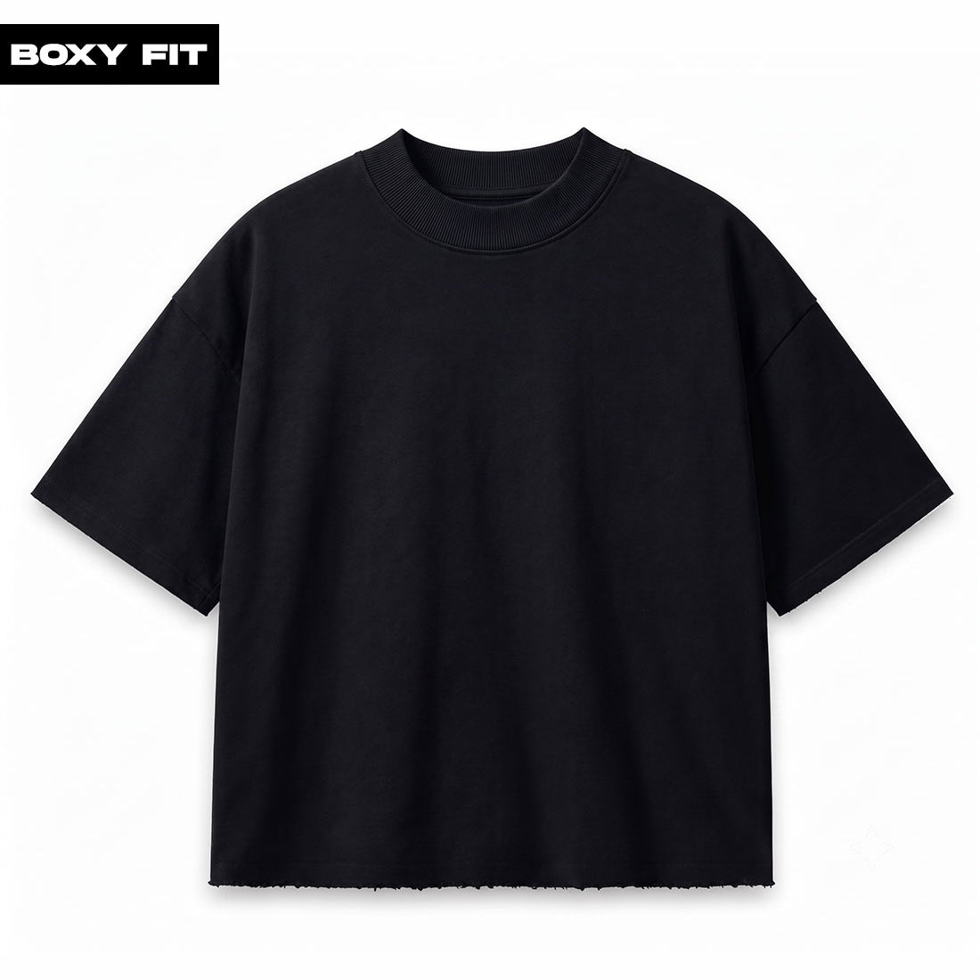Plain Black Boxy Fit Unstitched Raw Hem T-Shirt