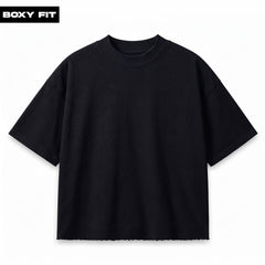 Plain Black Boxy Fit Unstitched Raw Hem T-Shirt