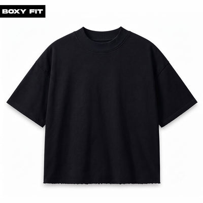 Plain Black Boxy Fit Unstitched Raw Hem T-Shirt
