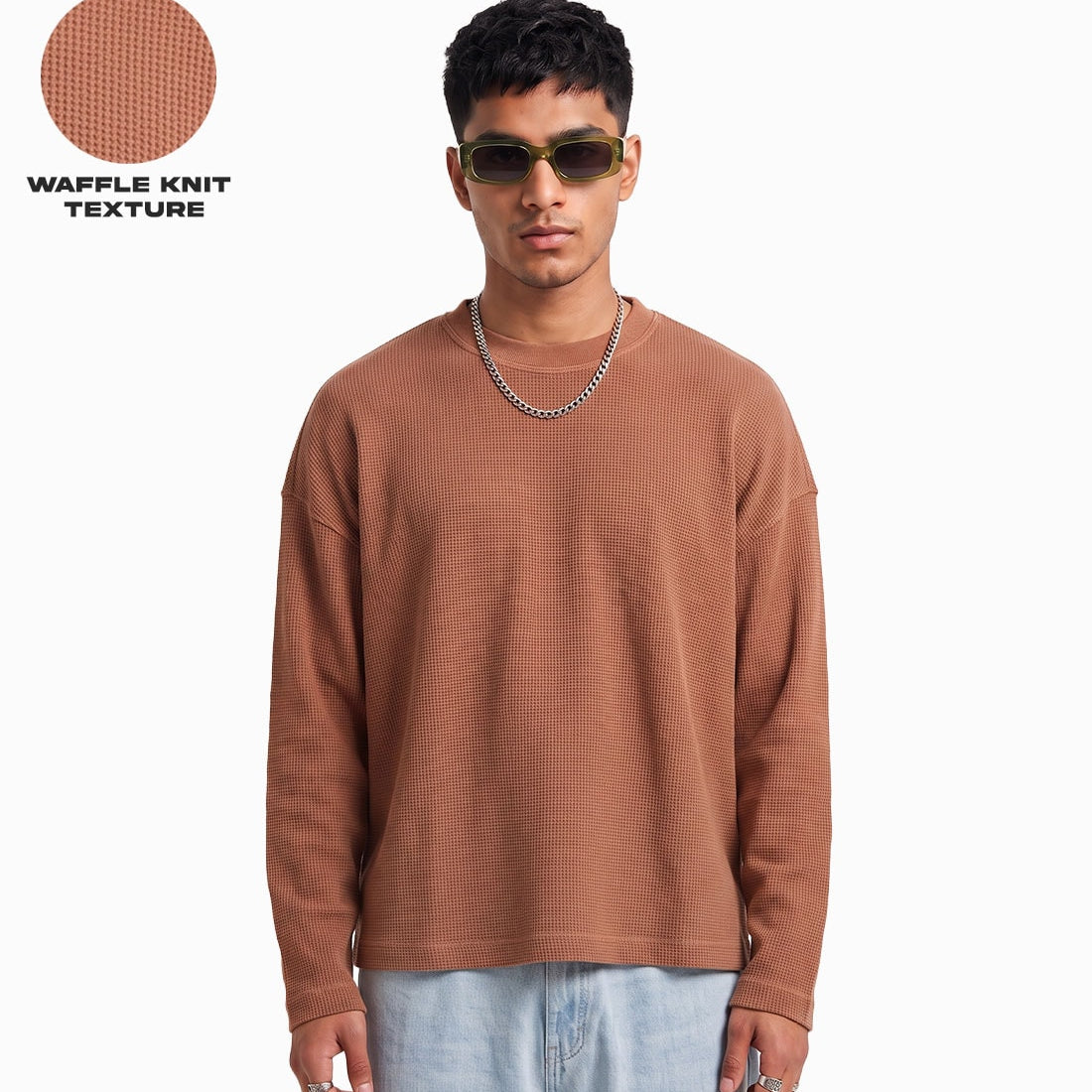 Brown Waffle Knit Full Sleeves Oversized T-shirt