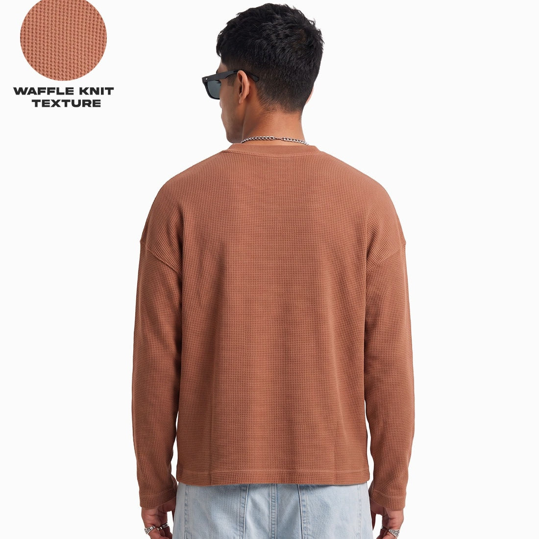 Brown Waffle Knit Full Sleeves Oversized T-shirt