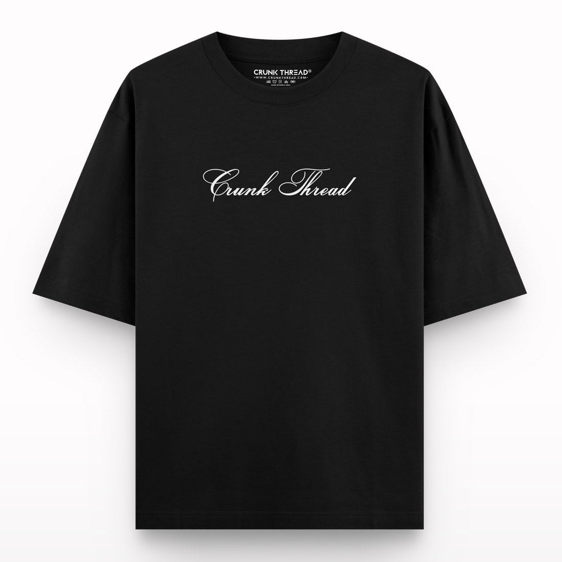Black oversized t-shirt with 'Crunk Thread' script on front, streetwear fashion.