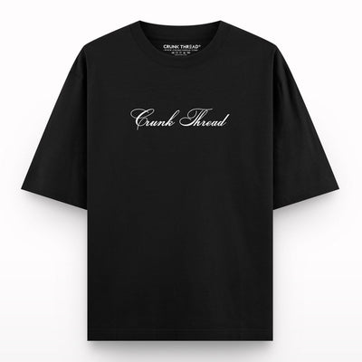 Black oversized t-shirt with 'Crunk Thread' script on front, streetwear fashion.