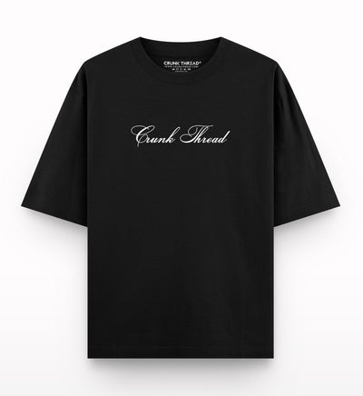 Black oversized t-shirt with 'Crunk Thread' script on front, streetwear fashion.