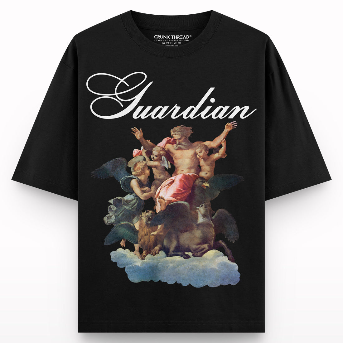 Black oversized t-shirt with Guardian text and Renaissance-style graphic of angels on clouds