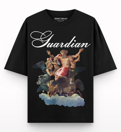 Black oversized t-shirt with Guardian text and Renaissance-style graphic of angels on clouds