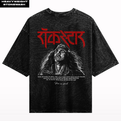 Heavyweight stonewash oversized t-shirt back with Rockstar graphic, Hindi text, and portrait art