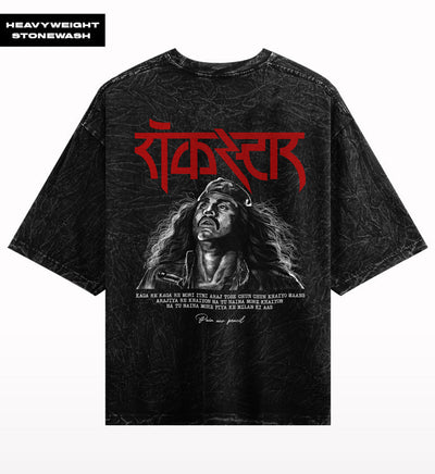 Heavyweight stonewash oversized t-shirt back with Rockstar graphic, Hindi text, and portrait art