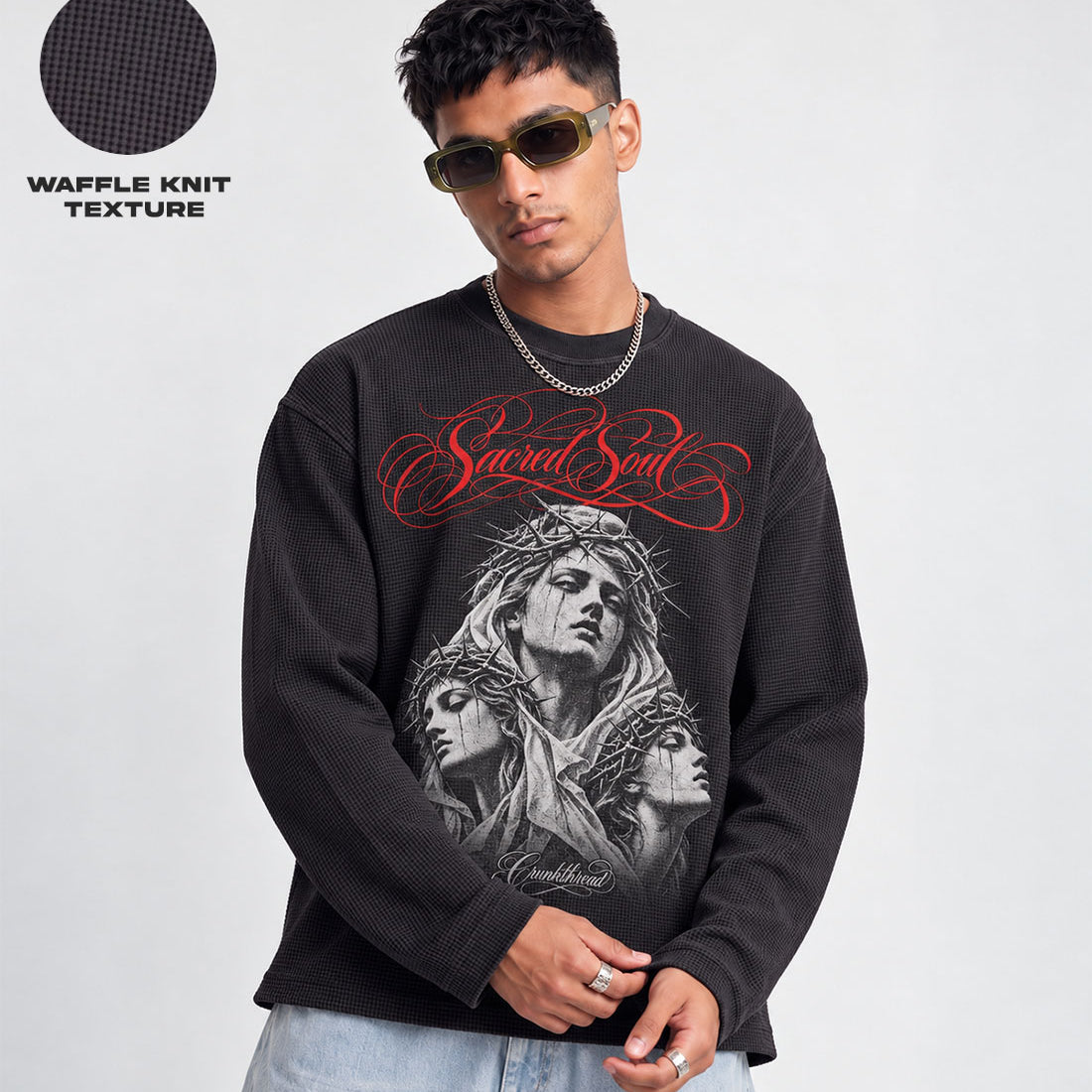 Sacred Soul Waffle Knit Oversized Full Sleeve T-shirt