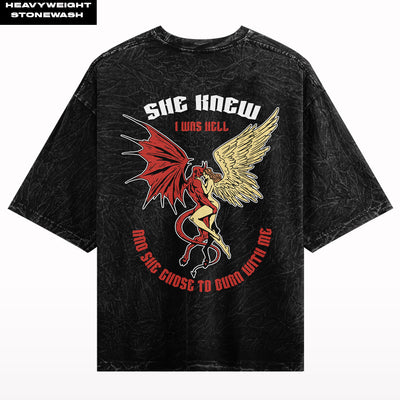She Knew I Was Hell Stone Wash Oversized T-shirt.