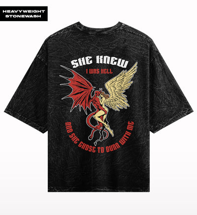 She Knew I Was Hell Stone Wash Oversized T-shirt.