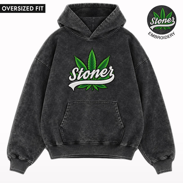 Stoner Embroidered Stone Wash Oversized Hoodie
