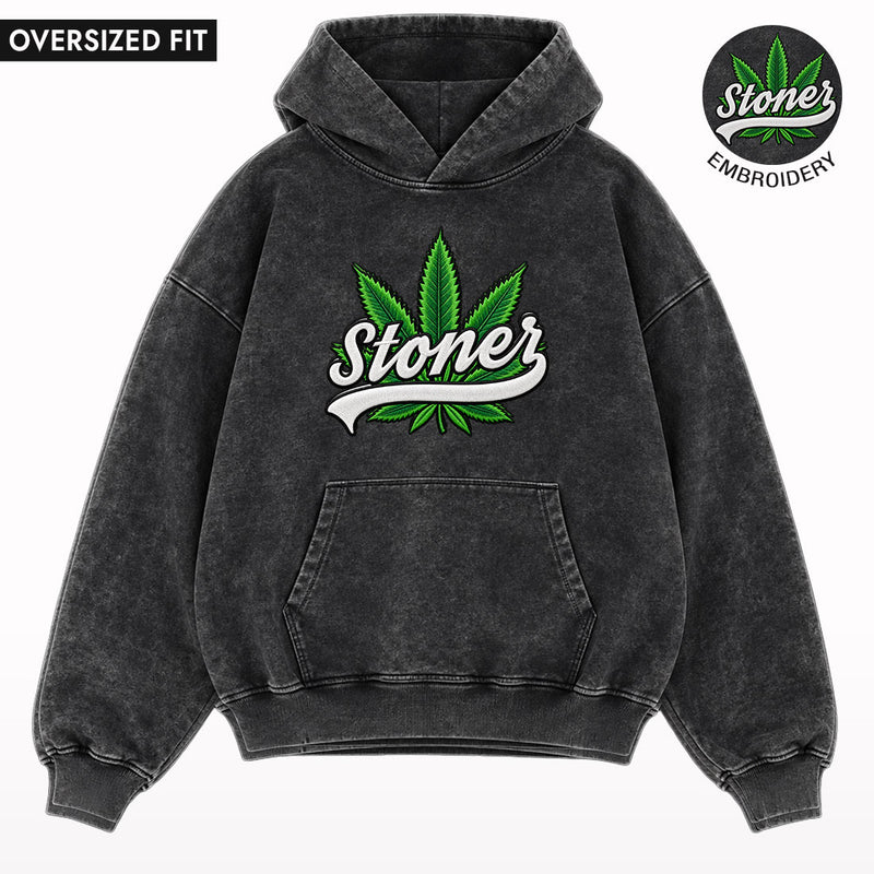 Stoner Embroidered Stone Wash Oversized Hoodie