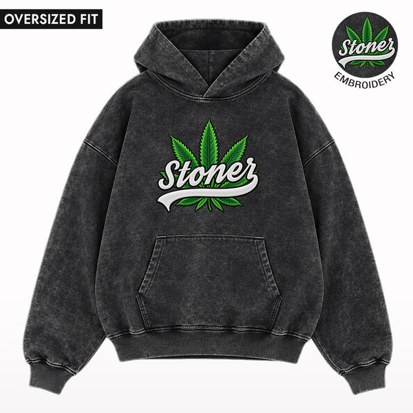 Stoner Embroidered Stone Wash Oversized Hoodie