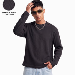 Black Waffle Knit Full Sleeve Oversized T-shirt